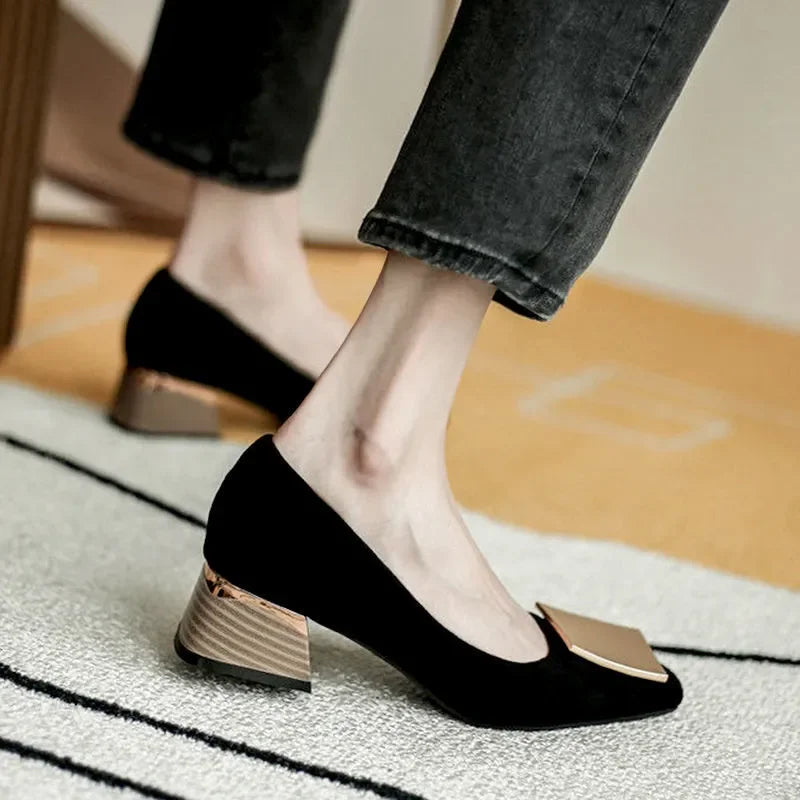 Comemore Trend 2023 Square Heels Women's Summer Footwear Office Black Medium Heel Casual Pumps Slip-on Luxury Shoes for Woman 34