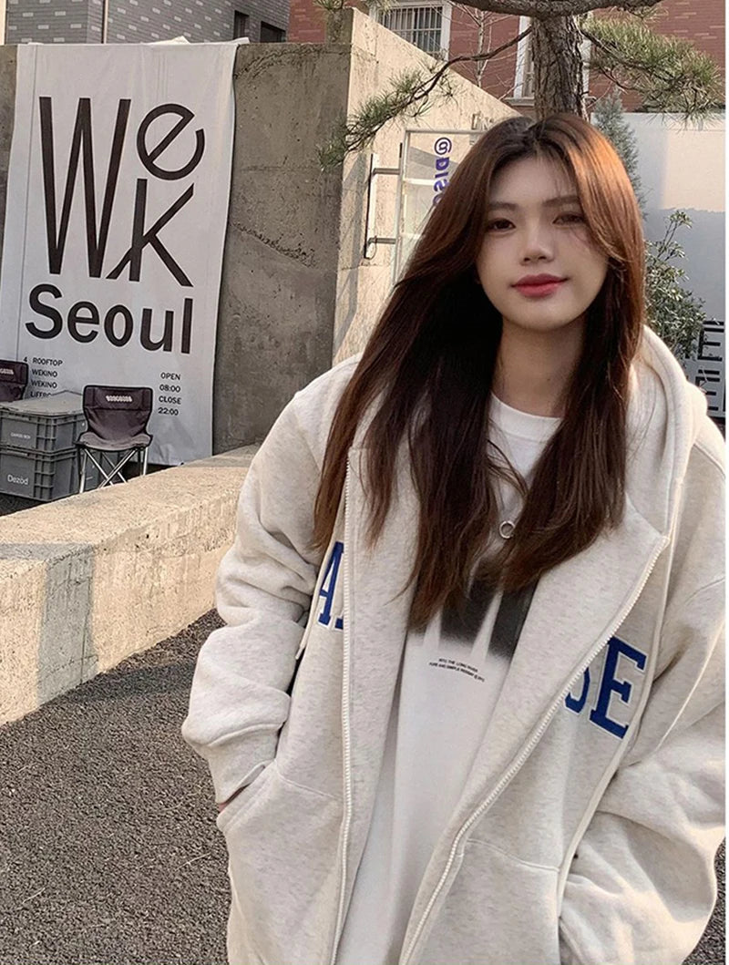 MEXZT Streetwear Zip Up Hoodies Women Oversized Letter Print Sweatshirt Harajuku Korean Plus Fleece Thick Casual All Match Tops - reetell