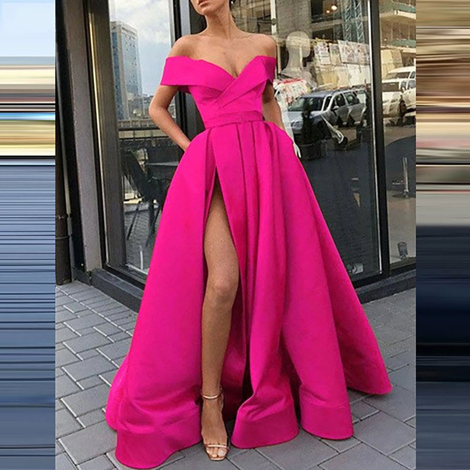 Low Cut V-Neck Party Dress For Women Pleated High Slit Solid Color Waist Evening Dresses Elegant Female Formal Maxi Dress - reetell