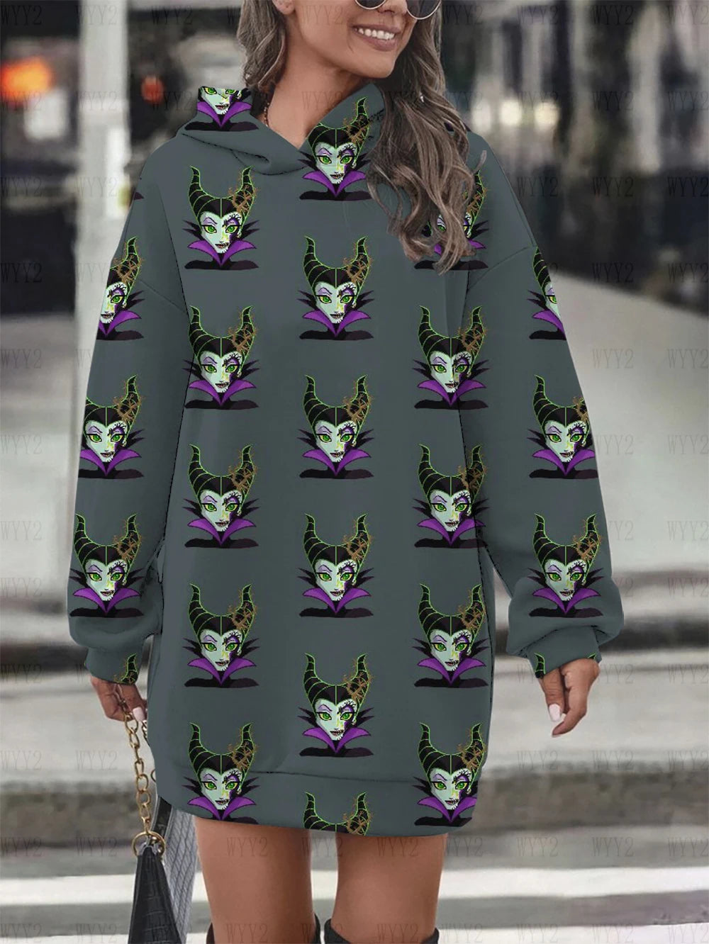 Ladies Hoodie Sweatshirt Dress Casual Cartoon Street Style Printed Round Neck Sweatshirt Dress Disney Sleeping Devil Pattern - reetell