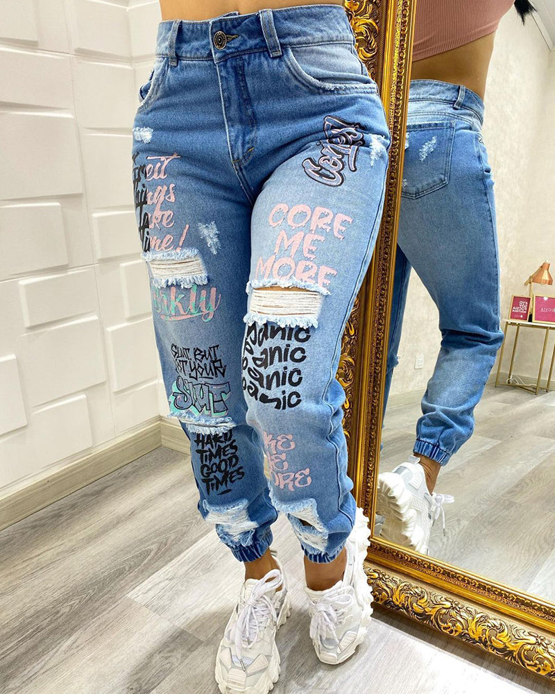 2024 New Letter Print Slant Pocket Ripped Jeans Casual Jeans Women - reetell