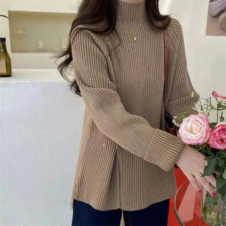 Women's Knit Sweater Off-white Loose Turtleneck Ladies PulloversButtons Slit Hot Sale Winter Offers Trend New Knitwear 2024 - reetell