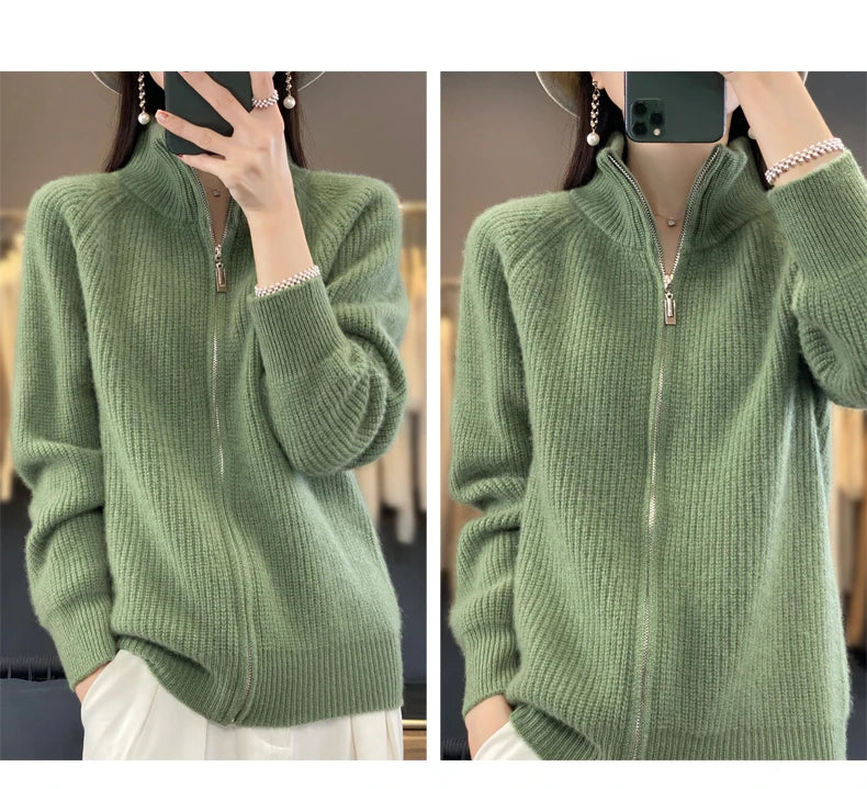 100% Pure Wool Zipper Cardigan Padded Shoulder Stand Collar Women's Cashmere Knitted Coat New Lapel Sweater - reetell