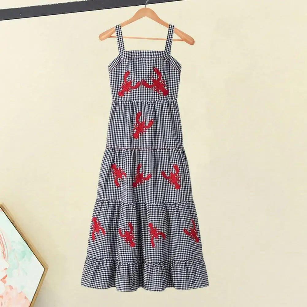 Retro Style Midi Dress Embroidered Lobster Plaid Midi Dress for Summer Vacation A-line Style with Square Neck Loose Hem Soft - reetell