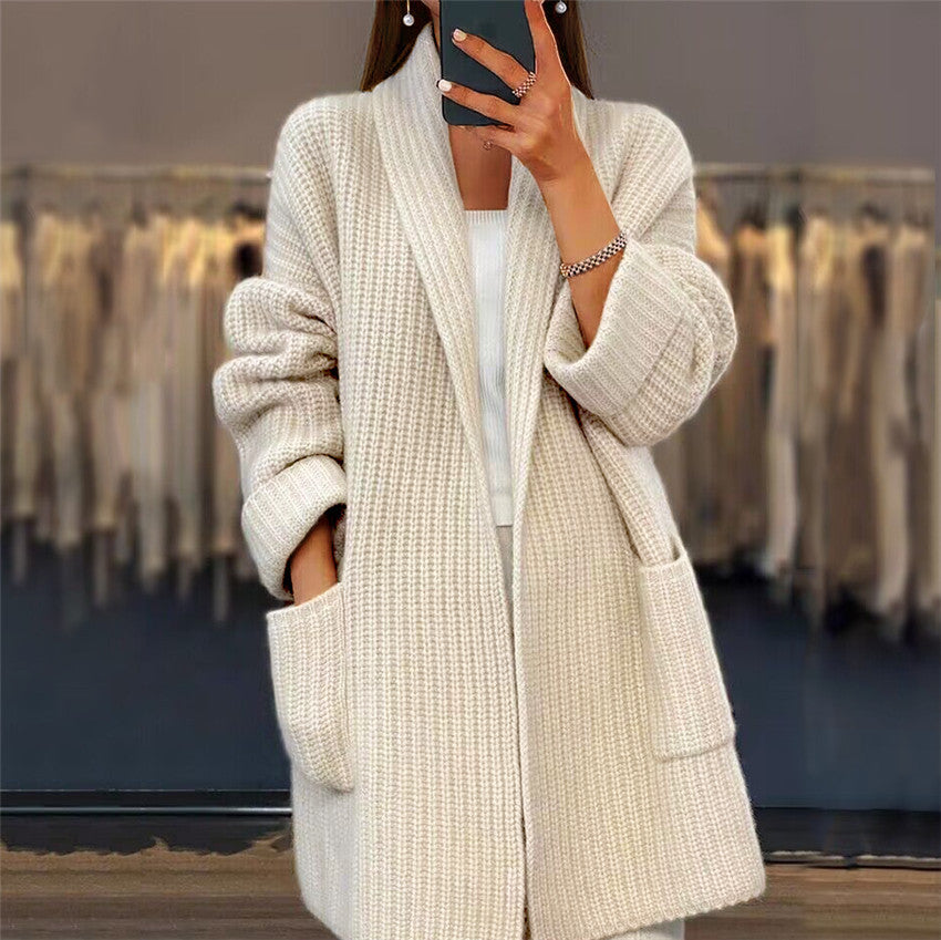 Women's Pocket Design Knitted Sweater Cardigan Autumn Winter Female Clothes Solid V-Neck Casual Long Sleeve Loose Daily Coat - reetell