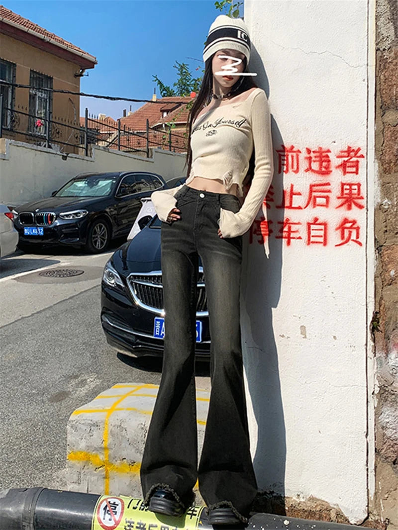 American Retro Bell Bottoms Low Waist Slim Women Fashion Black E-Girl Denim Pant Hiphop High Street Flare Jeans Y2K Streetwear - reetell