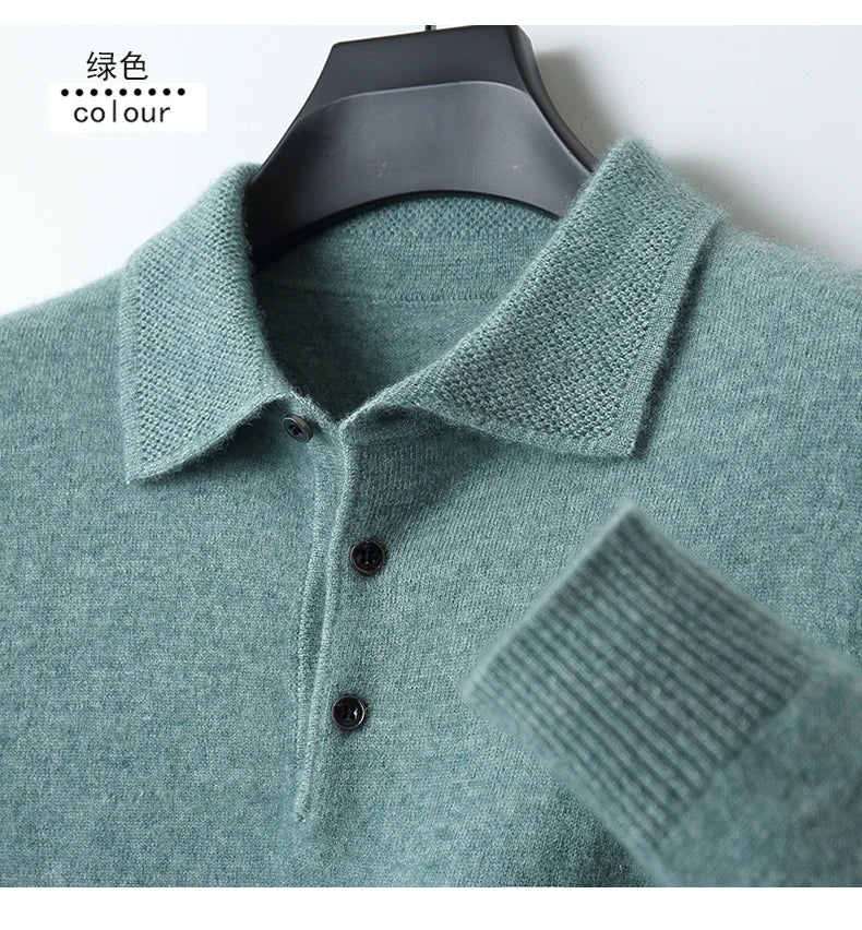 Autumn and winter new 100% pure wool sweater men's POLOL neck sweater lapel button cashmere sweater business knitting bottoming