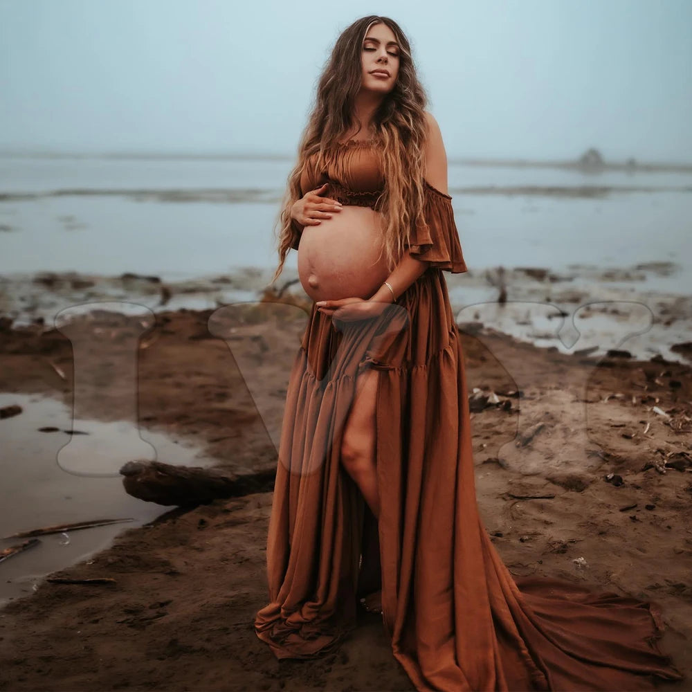 Pregnant Women Photoshoot Outfit For Women Ruffle Edge Short Sleeved Off Shoulder Chiffon Dress Maternity Dress For Baby Showers