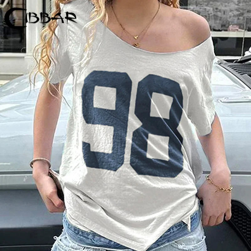 CIBBAR Streetwear Oversized T-shirt Vintage Print Casual Off-shoulder Loose Short Sleeve Tee Shirts y2k Aesthetic Women Clothing - reetell