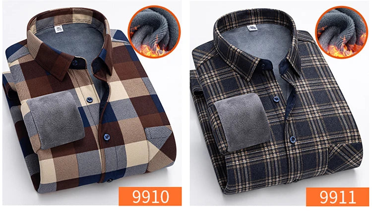 Autumn Winter Thicken Fleece Shirt Men Business Plaid Shirt Long Sleeve Warm Clothes Turn Down Collar Button Up Shirts Classic - reetell