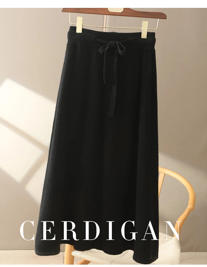 Autumn And Winter100% Pure Wool Skirt Women's Long Pocket Small A Skirt High Waist Slim Cashmere Knit A-Line Skirt - reetell