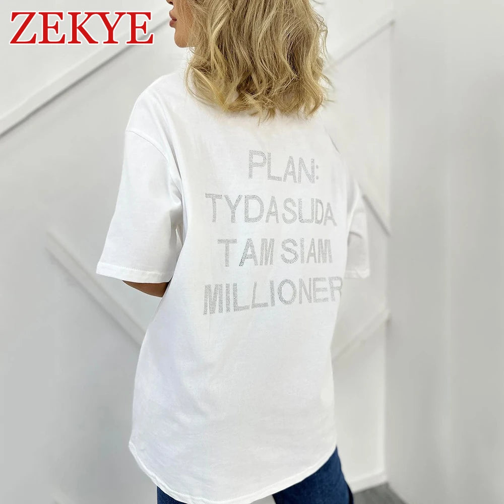 Zekye Rhinestone Letter Casual Tee Shirt Oversize Bodyfriend Style Korean O Neck Summer T Shirt Women Streetwear Harajuku Tops - reetell