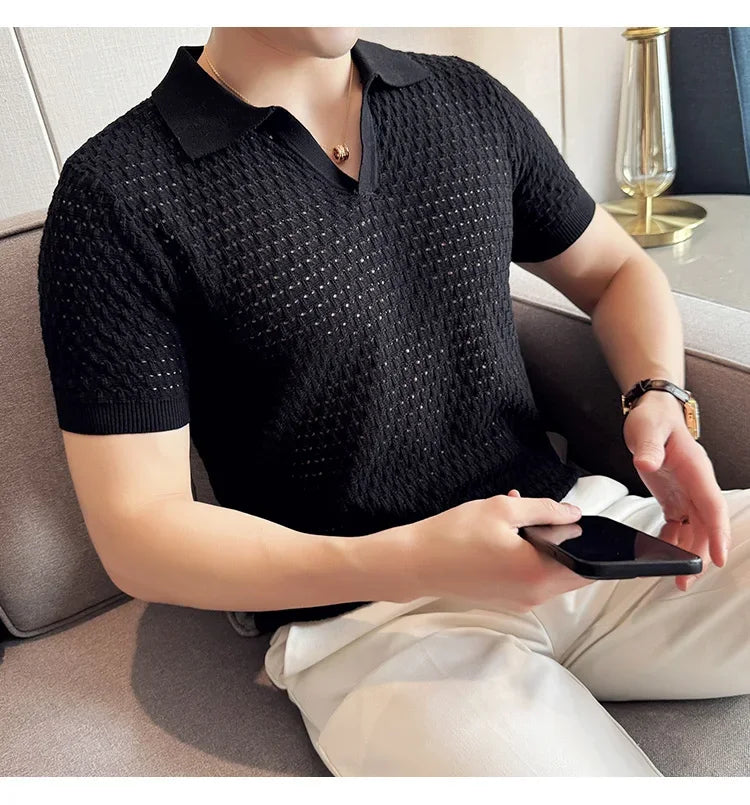 Men's Polo Shirt 2024 Summer New Light and Thin Knitted Hollow Solid Color Casual Short Sleeved V-neck T-shirt Men's Clothing