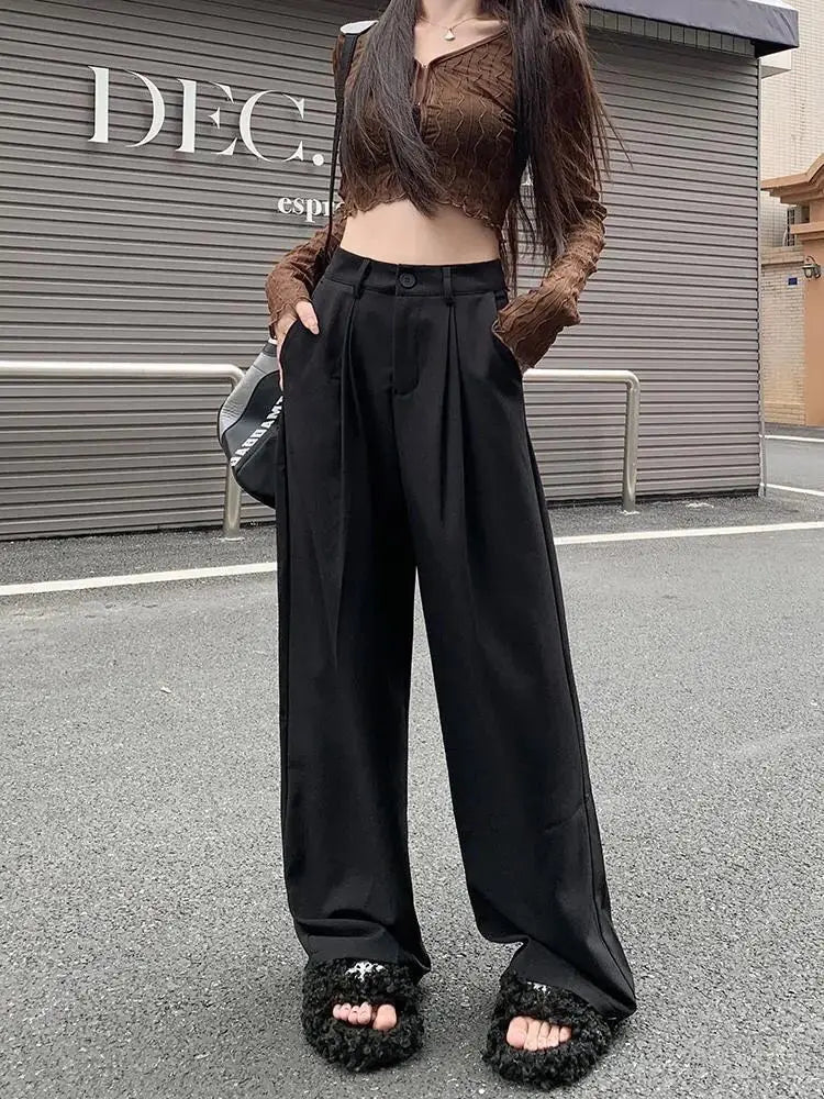 QWEEK Elegant Baggy Gray Suits Pants Woman Oversized Office Ladies Casual Korean Fashion Classical Trousers High Waist Summer - reetell