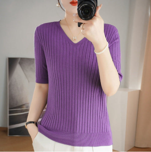 Women Sweater Short Sleeve V-neck Stripe Knitwears Slim Fit Shirt Korean Fashion Pullovers Thin Knit Tops 2024 Bottoming Shirts - reetell