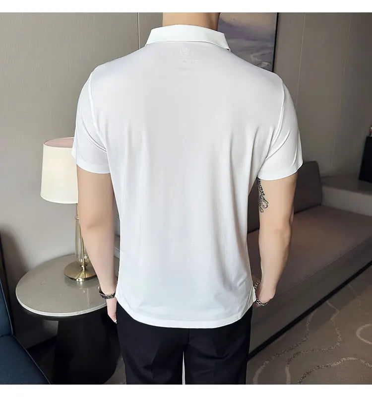 Ice Silk Traceless T-shirt Men's  Business Casual Solid Color Half Sleeve High Elasticity Top Silk Smooth Breathable POLO Shirt