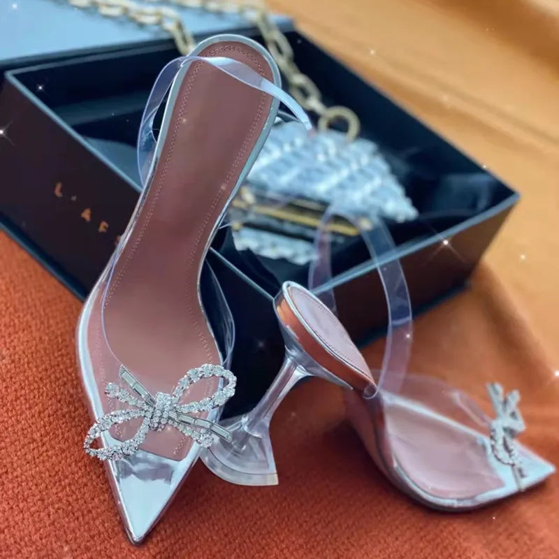 Fashion Transparent Soft PVC Women Pumps Luxury Rhinestones Bowknot Slingbacks High heels Spring Summer Wedding Party Shoes