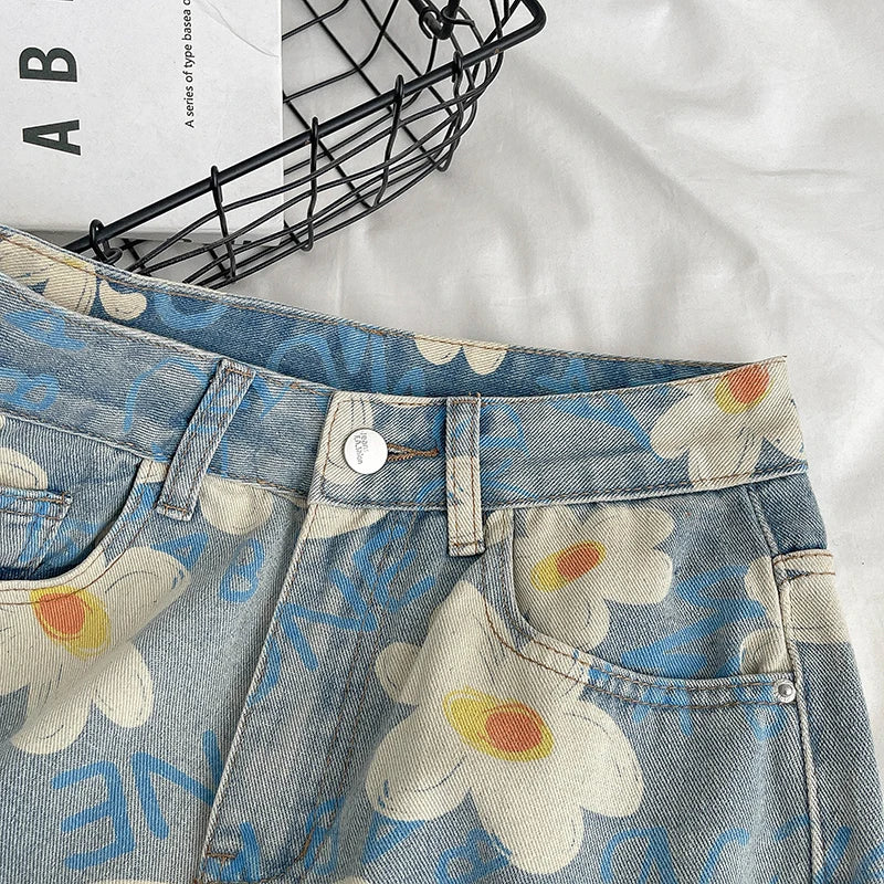 Y2K Baggy Flowers Printting 2000s Denim Trouser Women's Washed Vintage Casual Pants Female High Street Retro High Waist Jeans - reetell