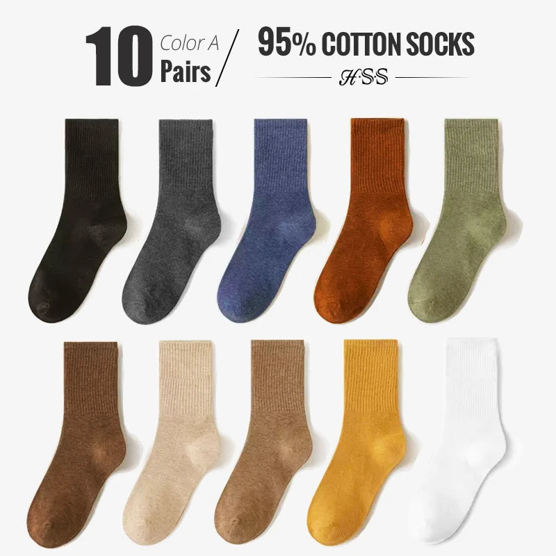 HSS 95% Combed Cotton Socks Men Business Dress Long Socks Casual Solid Color Spring Summer Black White Sock For Male Comfortable