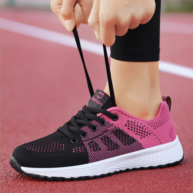 Women Casual Shoes Breathable Walking Mesh Lace Up Flat Shoes Sneakers Women Tenis Feminino Pink Black White - reetell