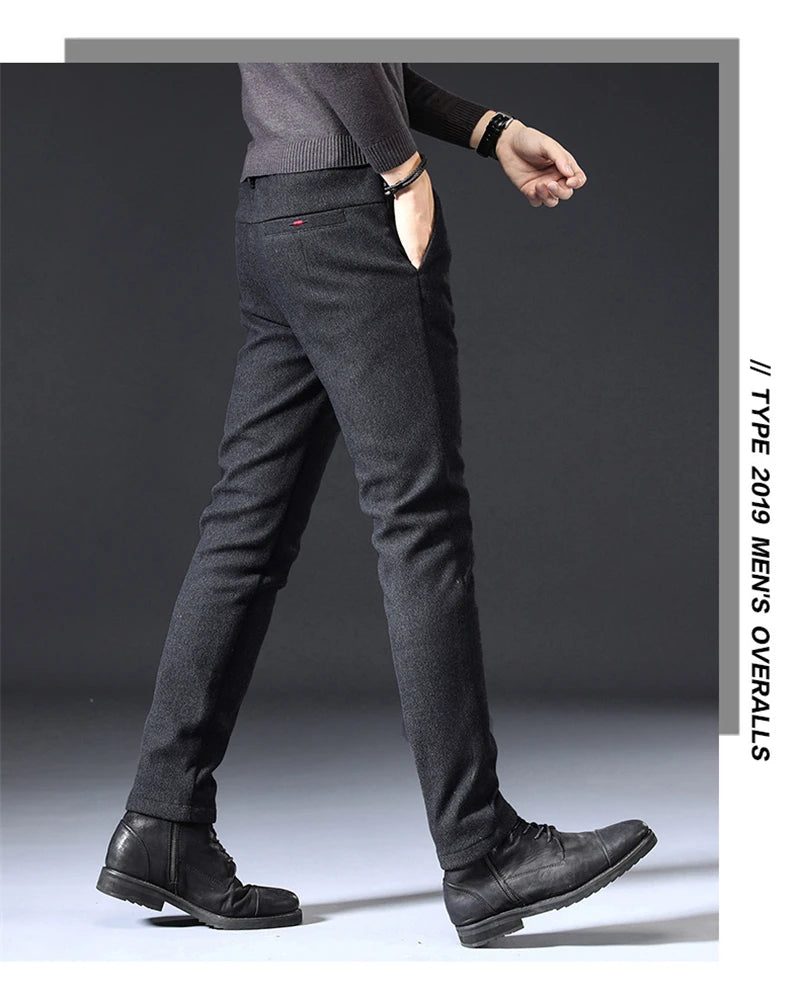 2023 New Autumn Winter Classic Work Stretch Pants Men Cotton Business Slim Fit Grey Black Korea Thick Casual Cargo Trousers Male - reetell