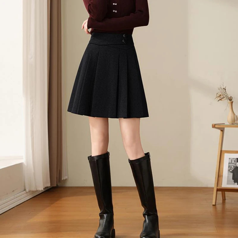 Deeptown Preppy Style Pleated Wool Skirt Women Elegant Grey Sweet Mini Skirts Vintage Solid A-line Casual Autumn Short Skirts - reetell