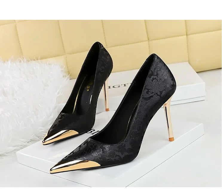 BIGTREE Shoes Metal Pointed End Women Pumps Silks Satins High Heels Ethnic Style Women Stilettos Heels 10 Cm Banquet High Heels