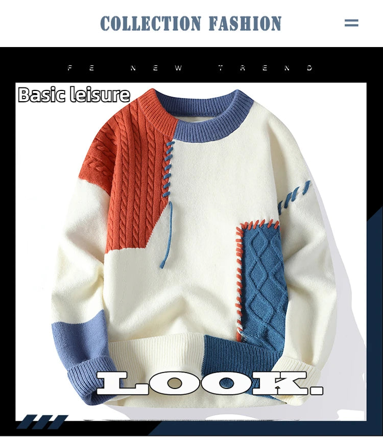 2024 Autumn Winter Warm Sweaters Patchwork Pullovers Korean Style Round Neck Knitted Sweater Men Women Fashion Knitwear - reetell