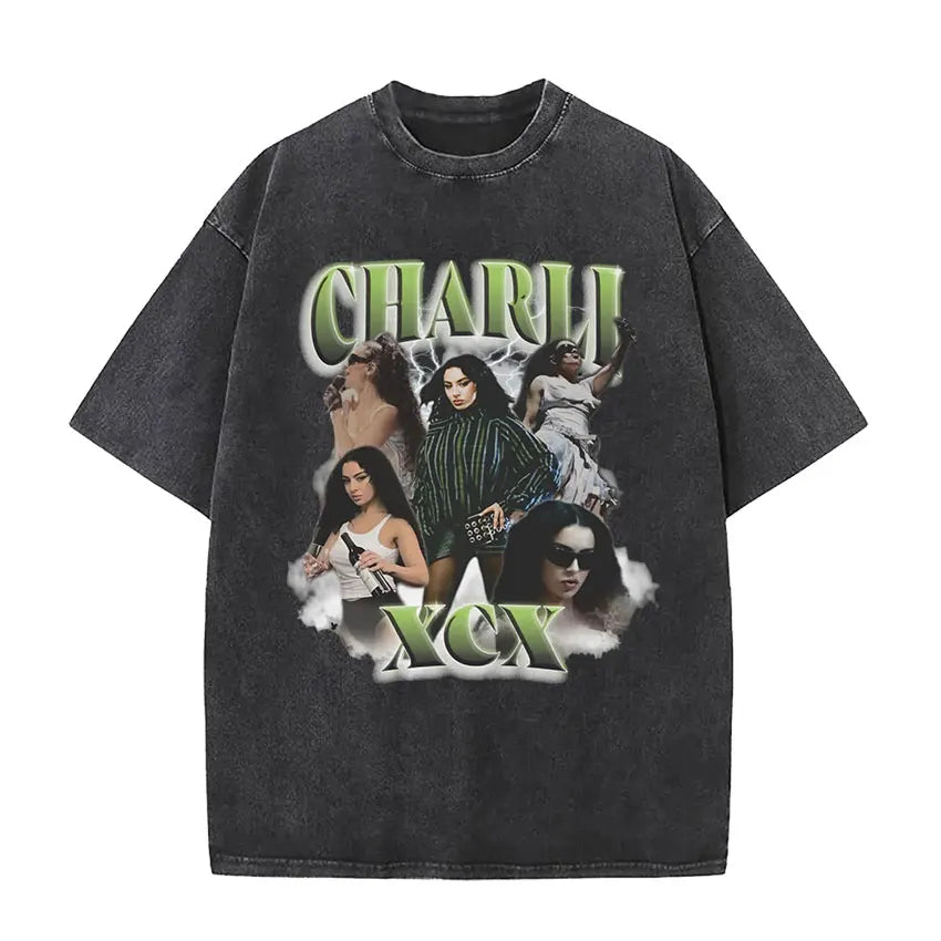 Charli Xcx Brat 2024 Tour Album Letter Print T Shirts Men Hip Hop High Quality Vintage Washed Fashion T-shirt Unisex Streetwear