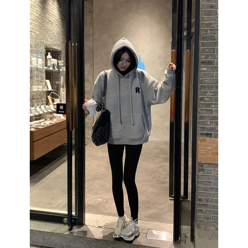 Autumn Womens Clothing Vintage Casual Street Sweatshirt Y2K Hooded Letter Printing Pullover Long Sleeves Oversize Ladies Tops - reetell