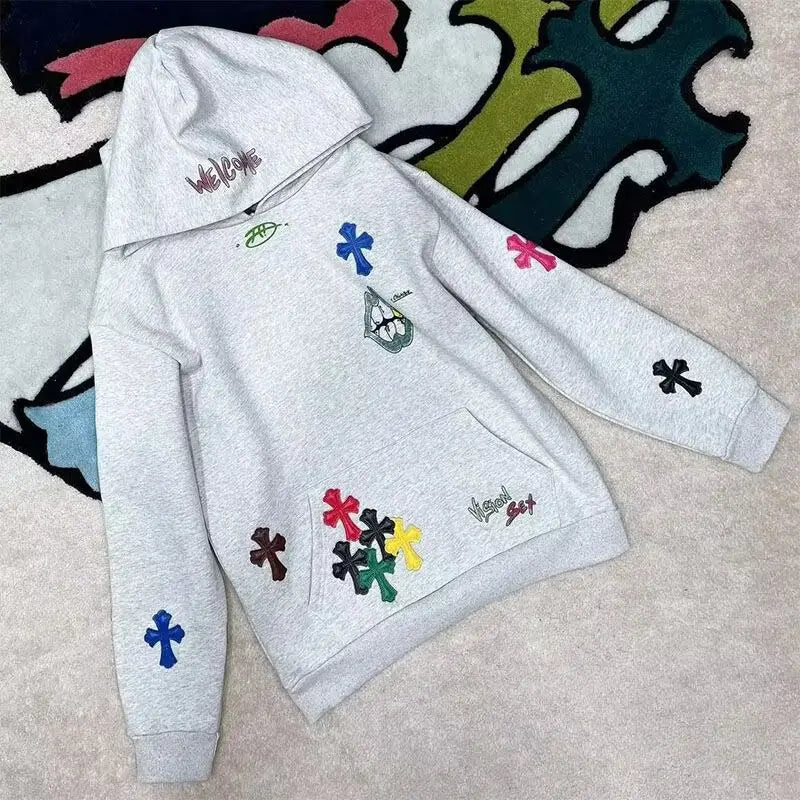 Hoodie Embroidered Colorful Cross Spring And Autumn Women'S 2024 New Popular Lazy Style Loose Plus Velvet Pullover Sweatshirt - reetell