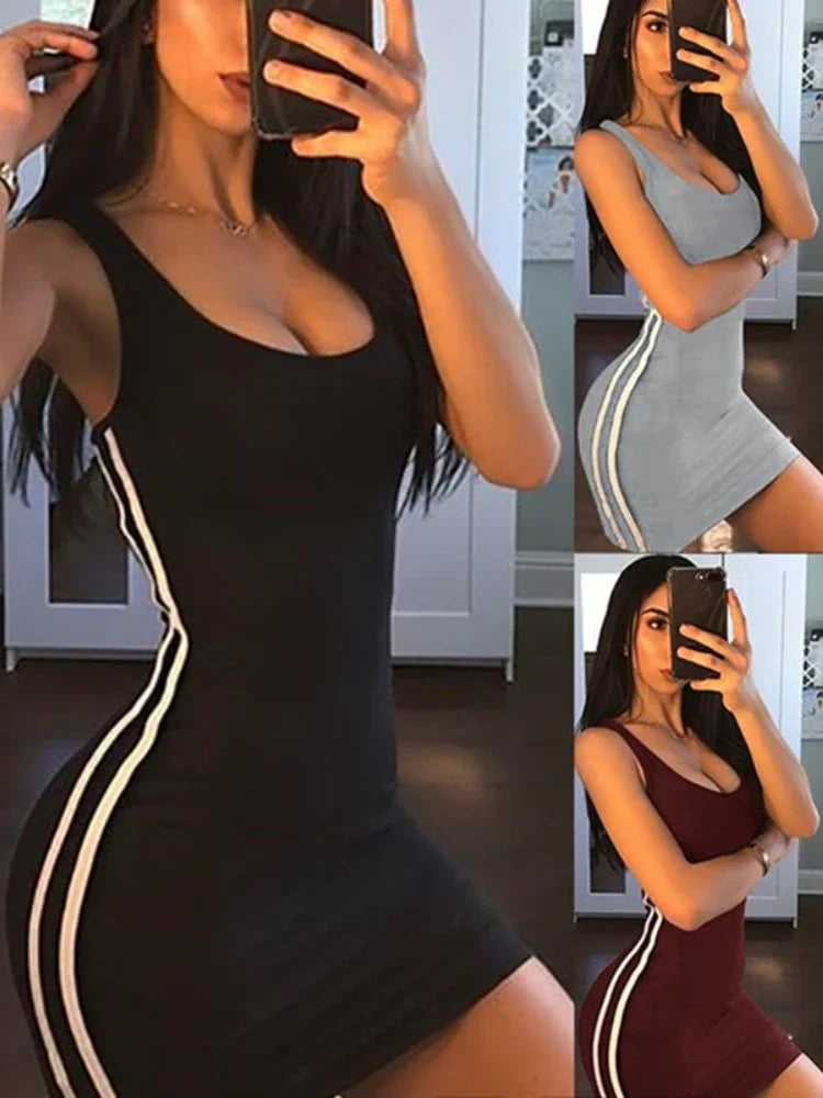 Sexy Wrap Deep U Neck Backless Striped Splicing Bodycon Dress Women Solid Color Sleeveless Slim Mini Dress Club Party Vestidos - reetell