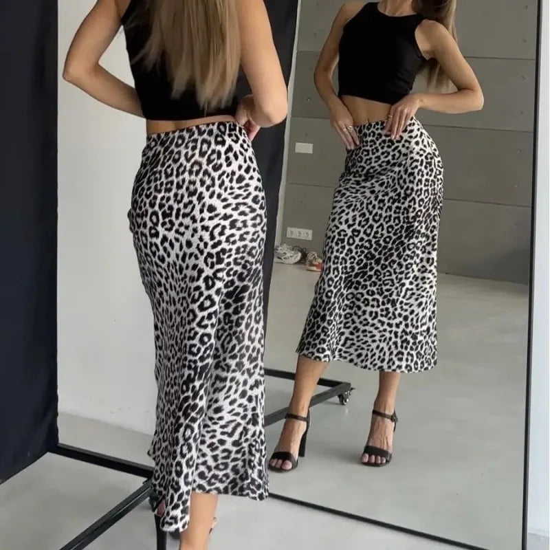 Sexy Leopard Print Long Skirts For Women 2024 Summer Fashion Vintage Women's Satin Maxi Skirt Female High Waist A-Line Skirt - reetell