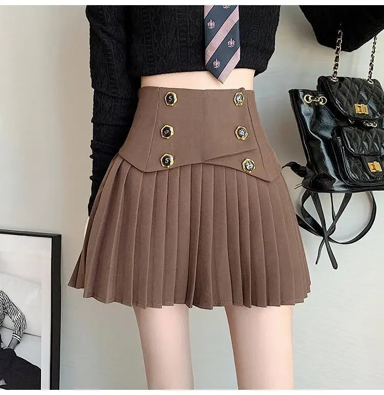 Pleated Skirt New Spring Autumn All-match Buttons Solid Color High Waist A-line Skirt Femme Preppy Style Pleated Trend Skirts - reetell