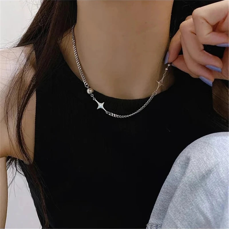 Kpop Goth Silver Color Star Pendant Chain Necklace For Women Men Egirl Y2K Cool EMO Punk Aesthetic Grunge Jewelry Gifts