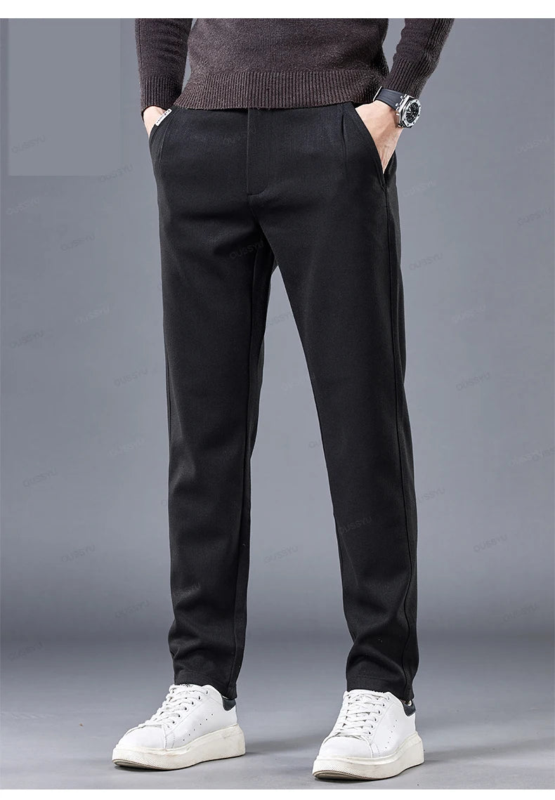 High Quality Autumn Winter Stripe Men's Suit Pants Elastic Waist Business Grey Stretch Thick Korea Office Formal Trousers Male - reetell