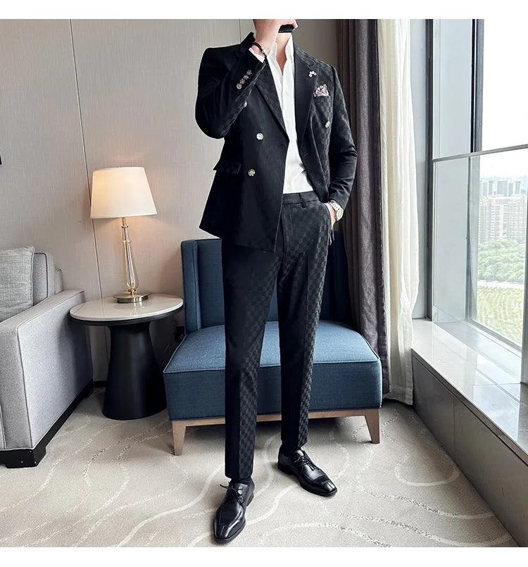 (Jacket+Pants) 2 Pieces Blue Apricot Business Party Men Suits Double Breasted Formal Style Custom Made Wedding Groom Tuxedos - reetell