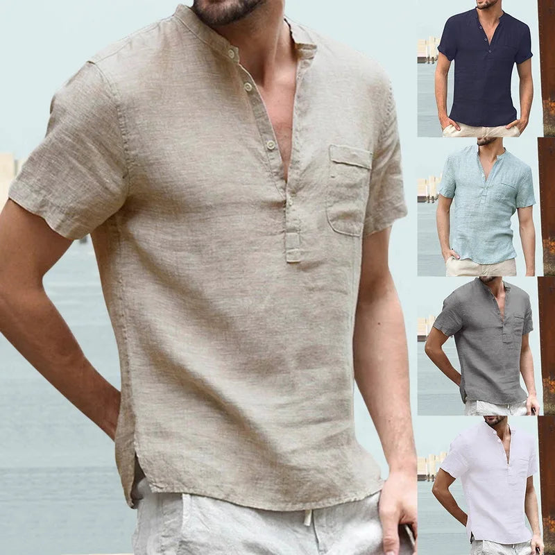 High Quality New Men'S Linen V Neck Bandage T Shirts Male Solid Color Long Sleeves Casual Cotton Linen Tshirt Tops