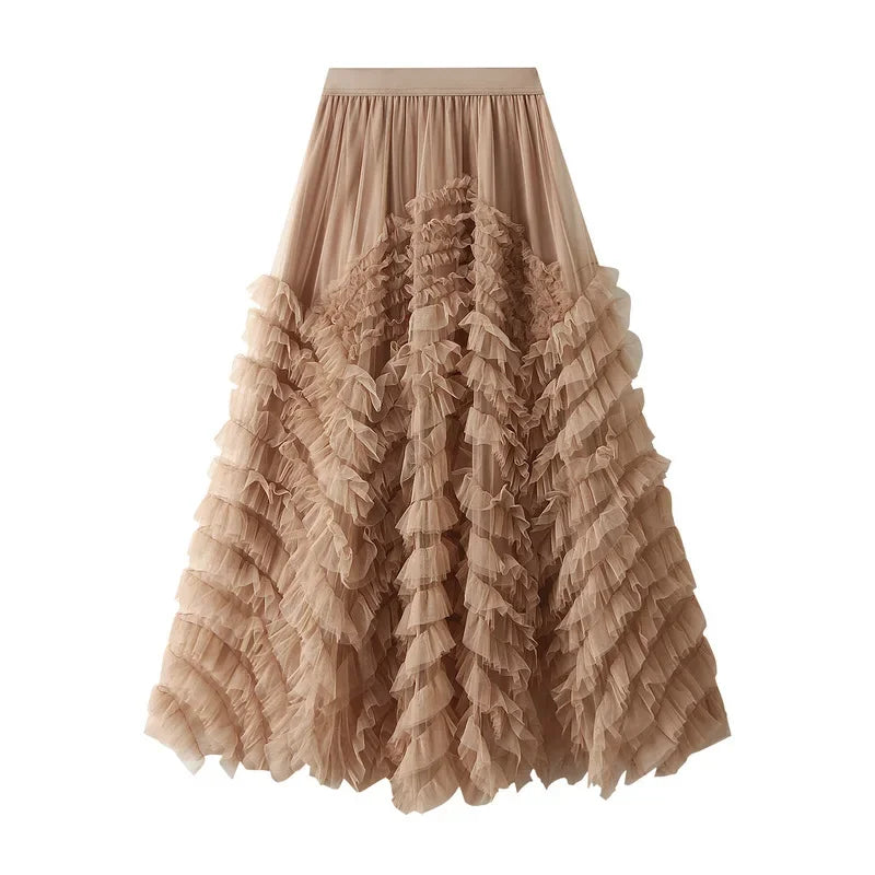 Fashionable Tiered Tulle Maxi Skirt for Women 2024 New Elegant High Street A Line High Waist Mesh Long Skirt Female Pink - reetell