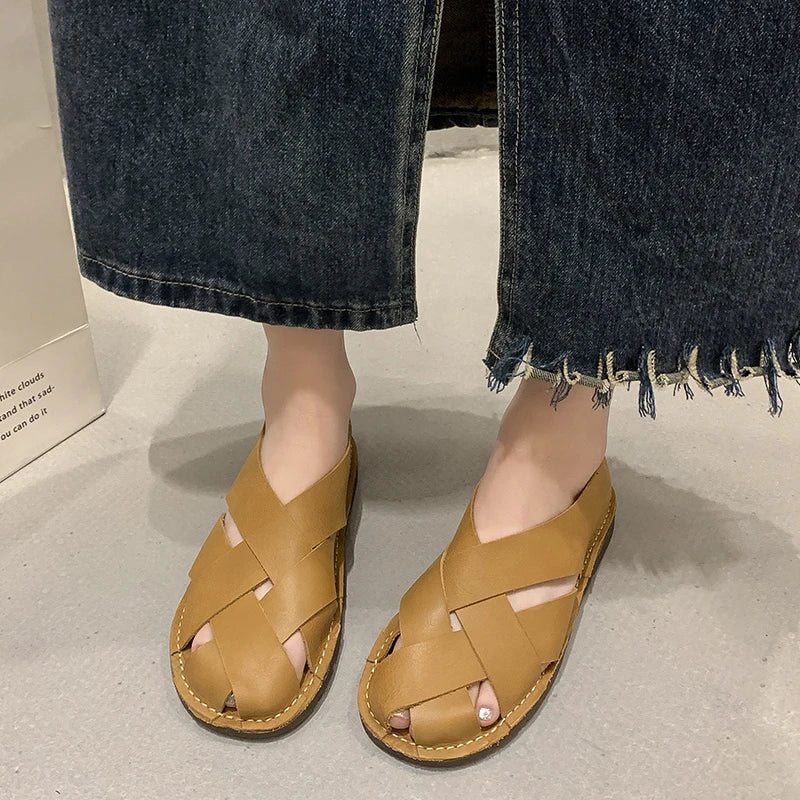 2024 leather Women's Sandals Top Layer Cowhide Handmade Woven  Women casual Flats the retro art mori girl shoes