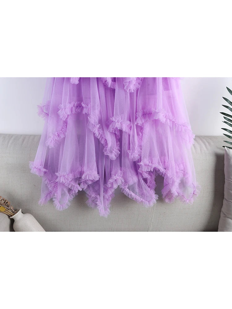 TIGENA Tutu Tulle Long Skirt for Women 2023 New Summer Korean Aesthetic Cute Irregular Mesh High Waist Maxi Skirt Female Purple - reetell