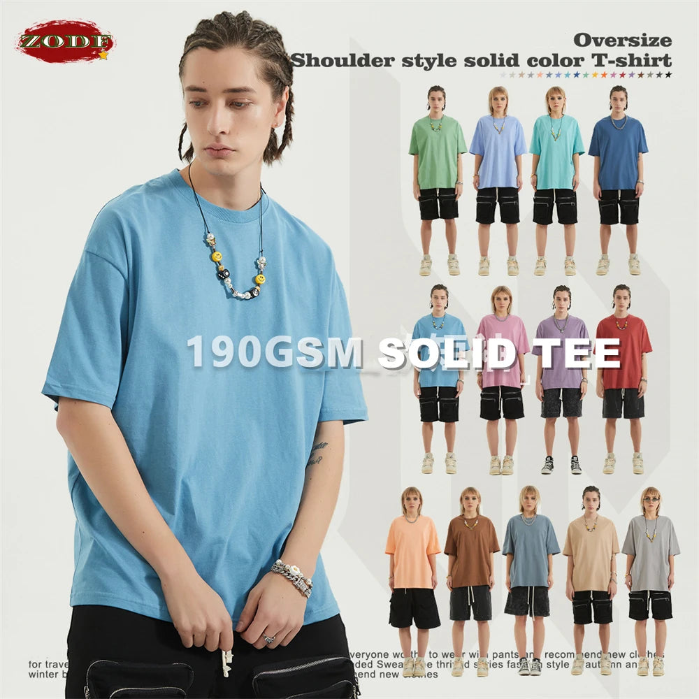 ZODF Trendy 2024 Men Basic Solid Cotton T-Shirts Unisex Male 190gsm Summer Loose Comfortable Soft Tees Shirt Streetwears HY0040