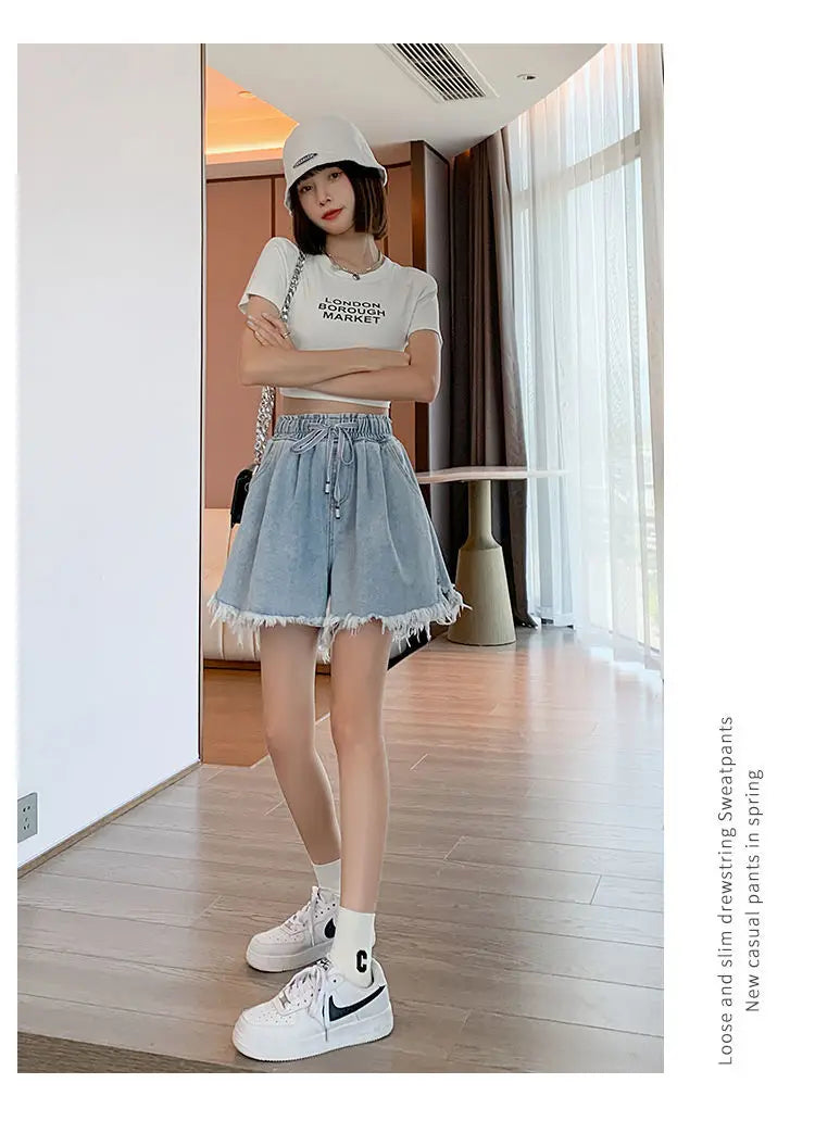 Big Size Denim Shorts Summer Thin Section Wide Leg Wide Loose Tight High Waist Female Students Fattening Women Tassel Wide - reetell