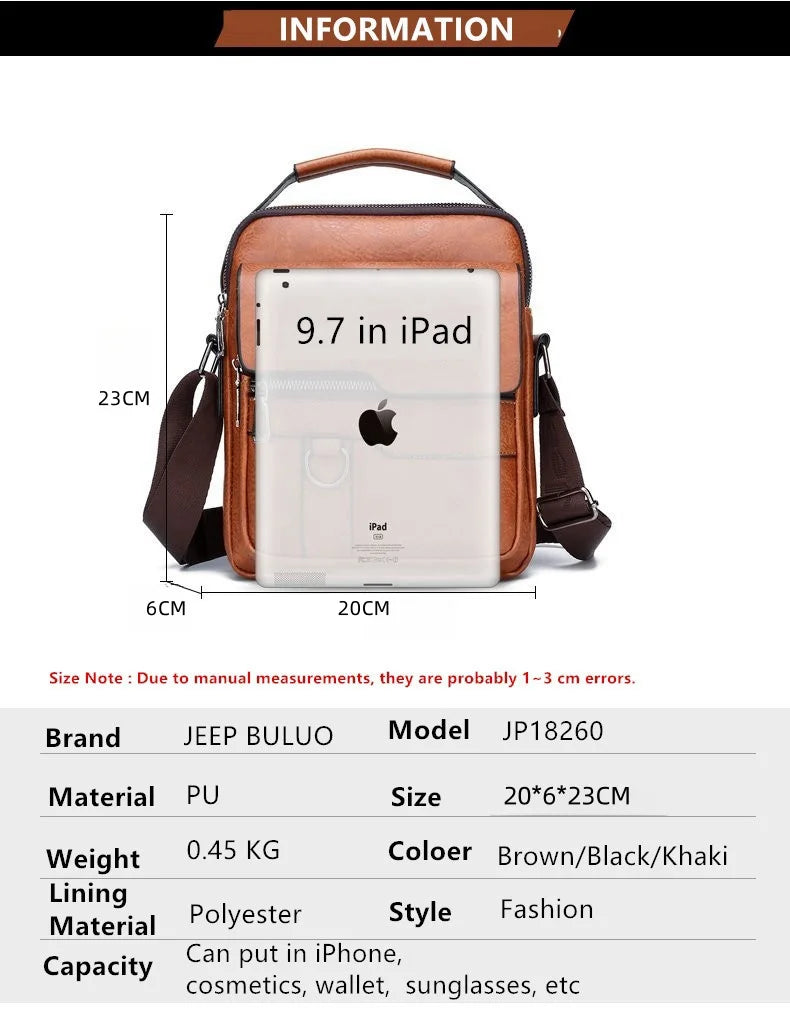 JEEP BULUO Crossbody Messenger Bags Business Casual Handbag Brand Shoulder New High Quality Leather For Men Business Casual Fash