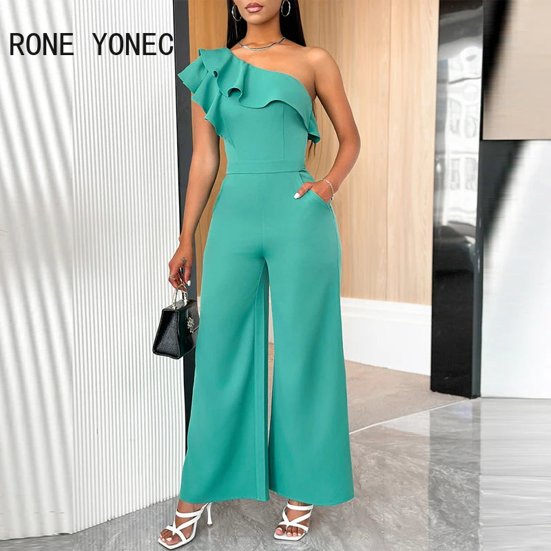 Women Elegant Solid One Shoulder Ruffle Decoration Wide Leg Formal Jumpsuit