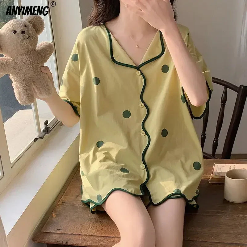 Korean Pajamas Set for Women Summer Loungewear Sleepwear Girls Sweet Lapel Pyjama Kawaii Bear Printed Pijamas Japanese Home Suit