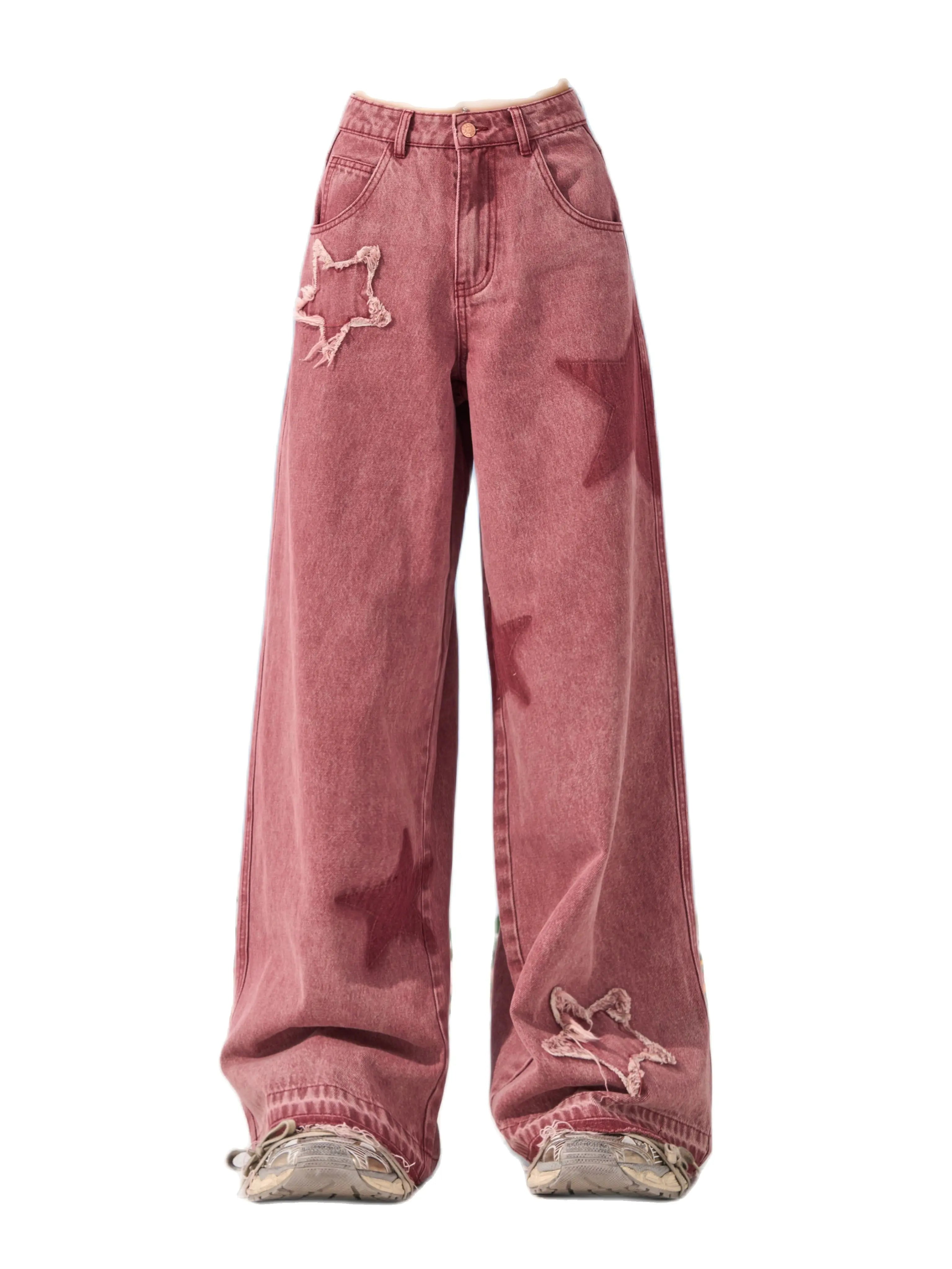 Pink Star Straight Leg Jeans Women's Summer Design Feel Y2K Loose and Slim Wide Leg Casual Pants - reetell