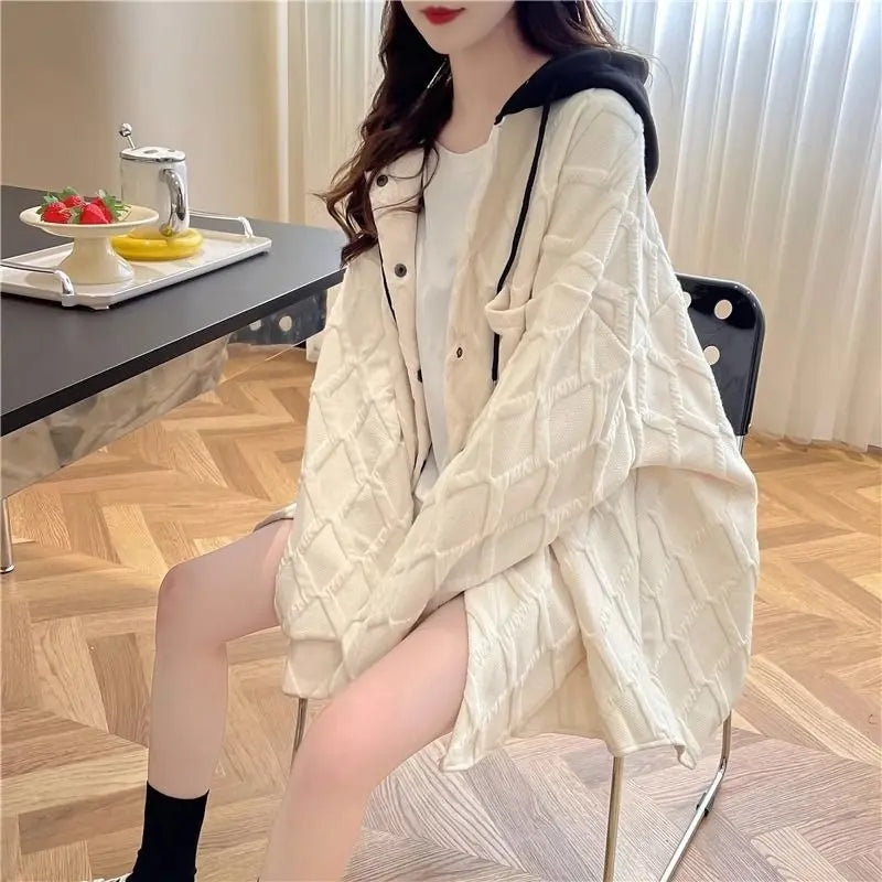 Fashion Jacquard Hooded Sweatshirt for Women Long Sleeve Loose Plaid Button Cardigan Hoodies Casual Patchwork Outwear Coat Tops - reetell