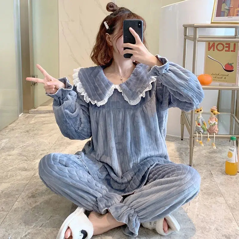 Coral Fleece Pajamas Sets for Women Autumn Winter Thick Warm Sweet Long Sleeve Sleepwear Nightgown Pijama Suit Mujer Homewear