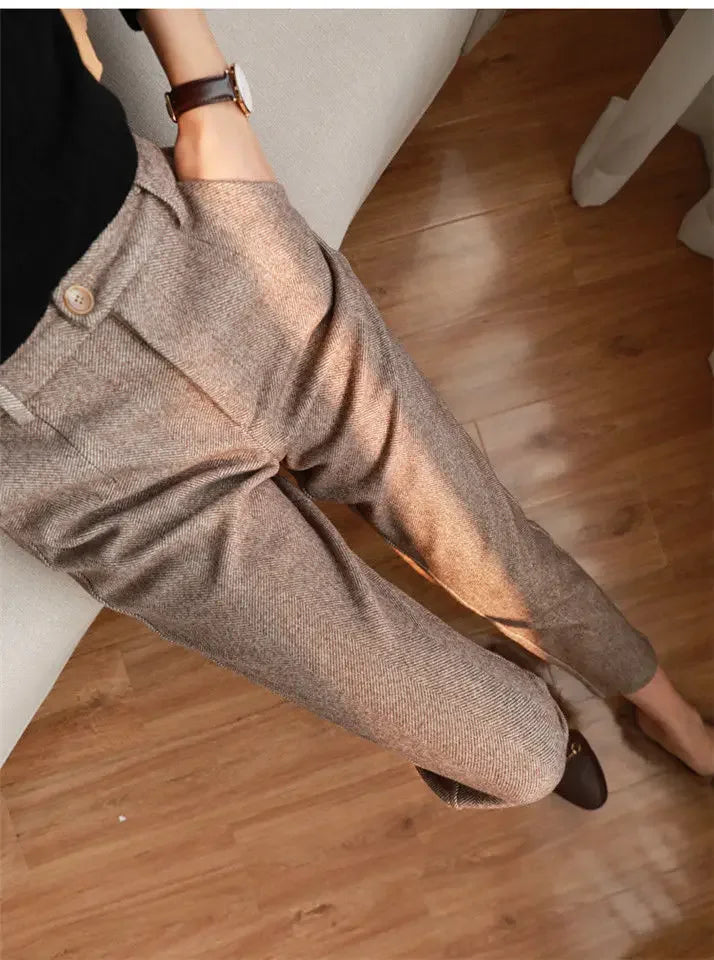 Woolen Pants Women's Harem Pencil Pants 2024 Autumn Winter High Waisted Casual Suit Pants Office Lady Women Trousers - reetell